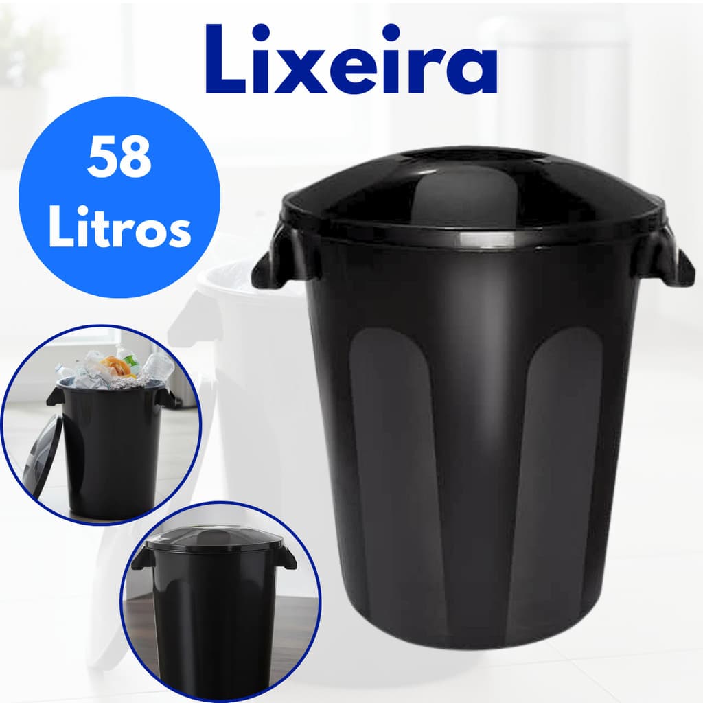 Lixeira Cesto de Lixo Grande 58 Litros Multiuso Redonda Com Alça e Tampa Preta Restaurante Comércio
