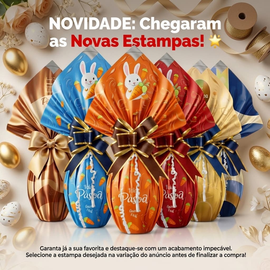 Kit 5 Saquinhos + Laço - Embalagens Saco Para Ovo de Pascoa, de 250g a 500g