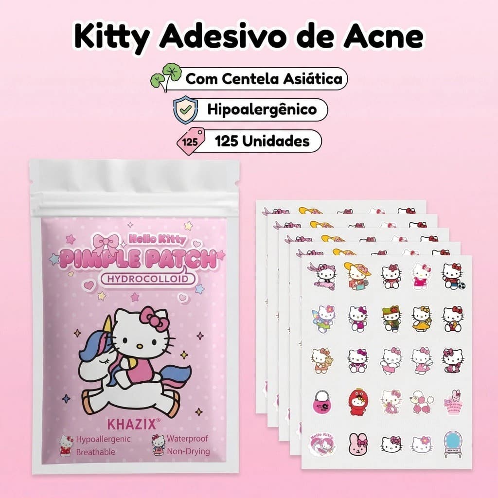 Adesivo de Acne Hello Kitty 125 Unidades Hidrocoloide Decorativo