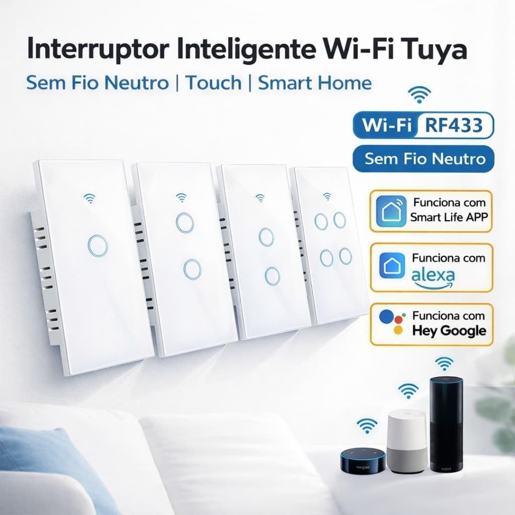 Interruptor Smart Wi-Fi Touch sem Fio Neutro, Controle por App e Voz