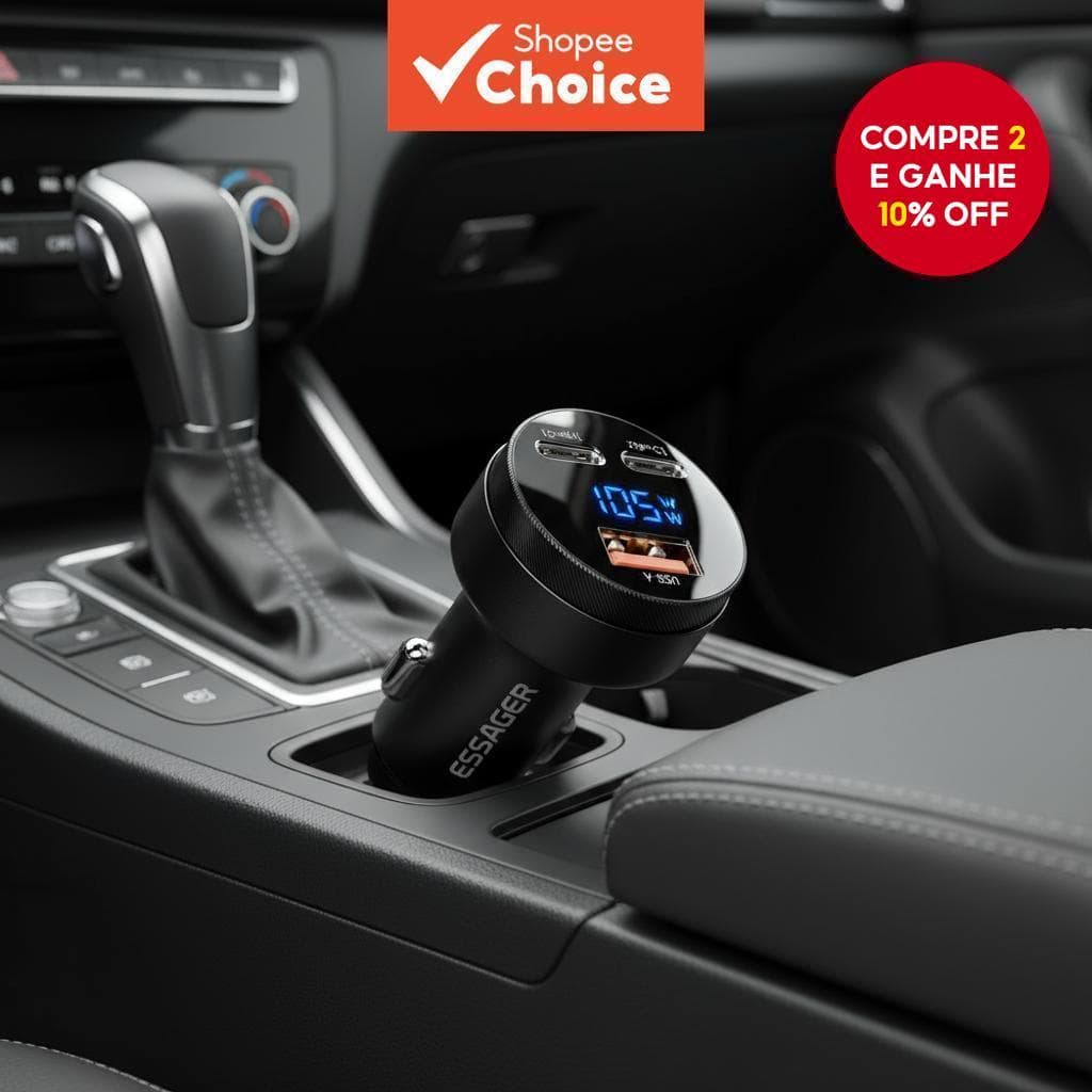  Essager 105W Carregador Veicular com 2 Portas USB Tipo C para Carregamento Rápido PPS PD QC