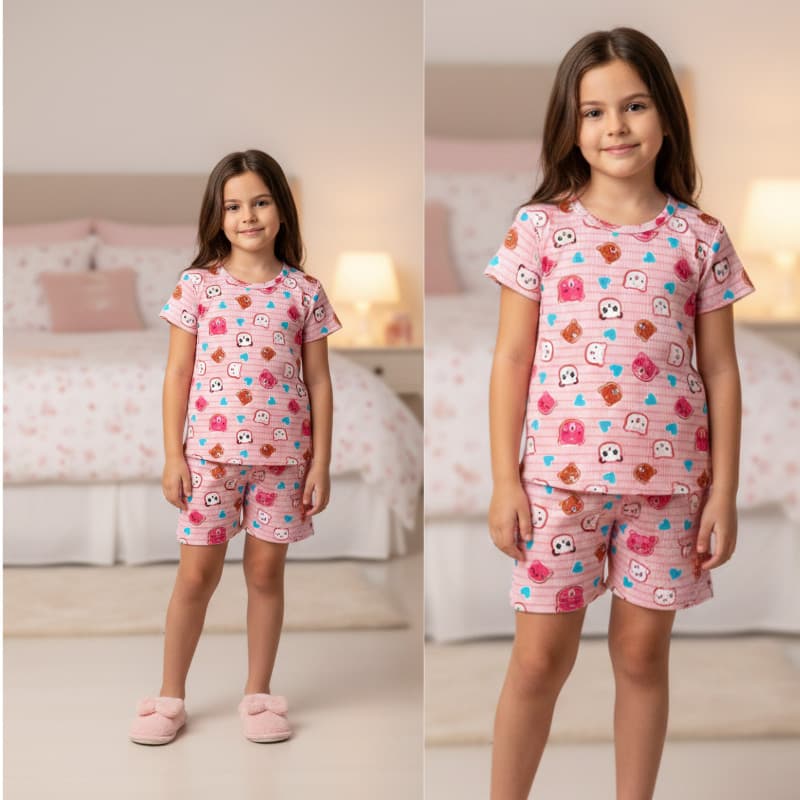 Pijama Infantil Feminino Verão Conjunto Blusa e Short Estampa Ursinho Rosa Manga Curta Macio Confortavel 1 ao 10 Anos
