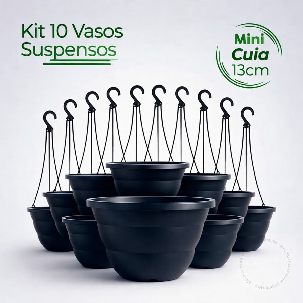Kit 10 vasos cuia 13 com haste alça Preto para Plantas, Cactos e Suculentas