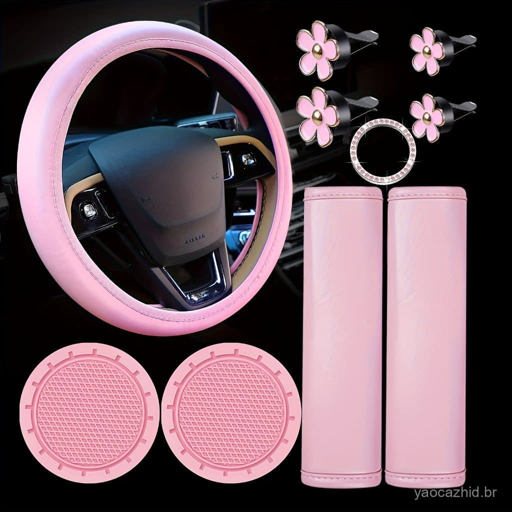 10 Peças Decoração de Carro Rosa Barbie Capa de Volante Feminina + Almofada de Ombro para Cinto de Segurança + Porta-Cop