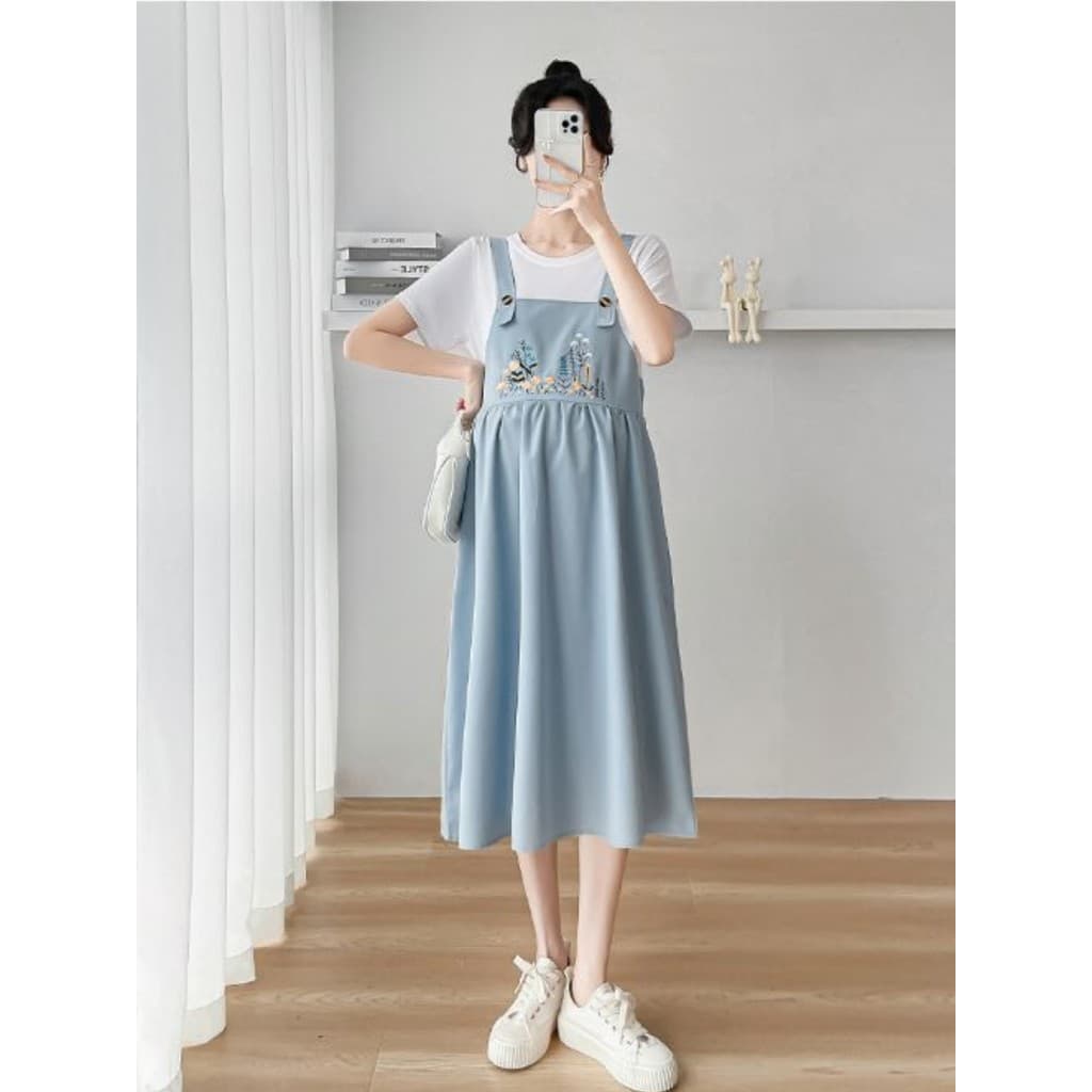 Vestido de verão para maternidade, estilo chinês, vestido falso de duas peças, versão coreana, solto, tamanho grande, co