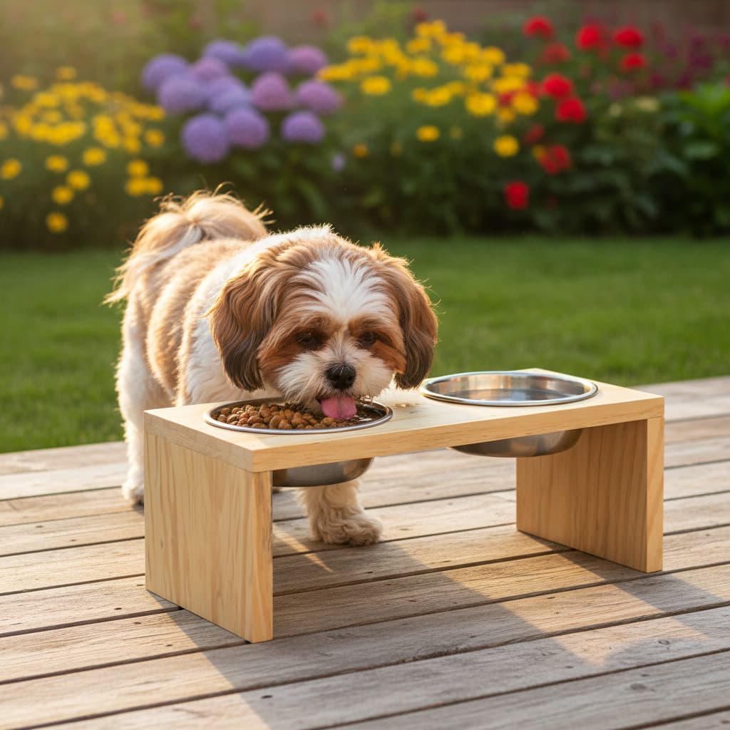 Comedouro e Bebedouro Madeira Pinus e Aluminio pra Cachorro ou Gato