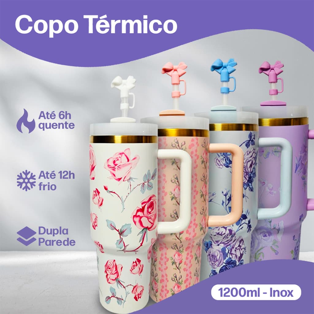 Copo Térmico com Canudo 1.2L Inox 1200mL Garrafa com Protetor de Canudo Florido Personalizado Floral