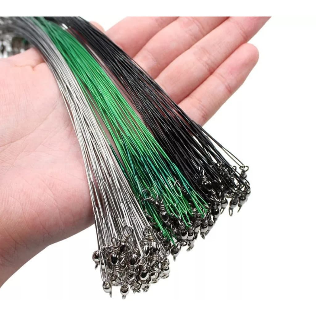 Kit Chicote Castor Cabo de Aço 30cm até 16kg Com Girador e Snap Encastoado Leader Arame de Aço