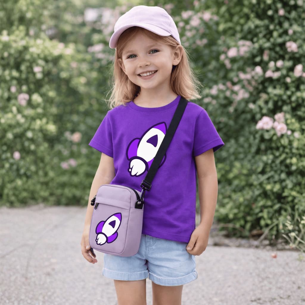 Kit Camiseta Infantil Katlen Vick Elementos + Bolsa Shoulder Bag Transversal Roxo Os Rosas Emily Vick