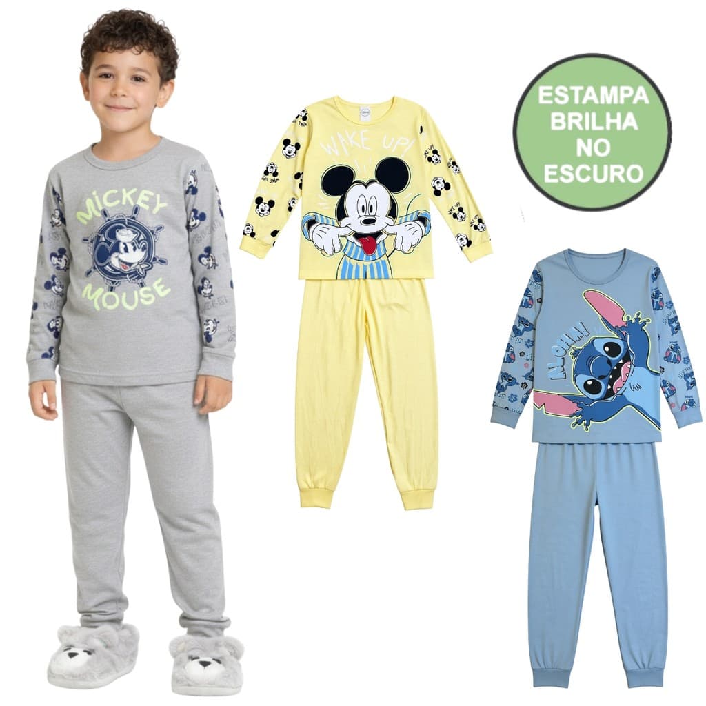 Conjunto Pijama Brilha no Escuro Personagens Manga Longa Menino Infantil Mickey Homem Aranha Inverno