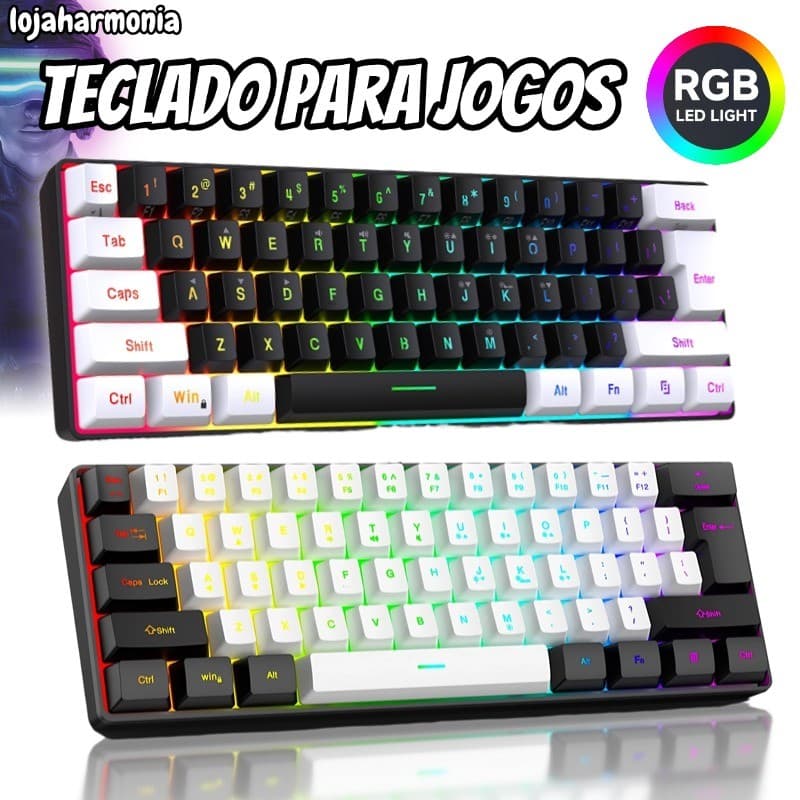 Teclado para jogos com fio 61-Key RGB Backlight Mini Compact USB-C Cabo de alimentação plugável Para Escritório LJ