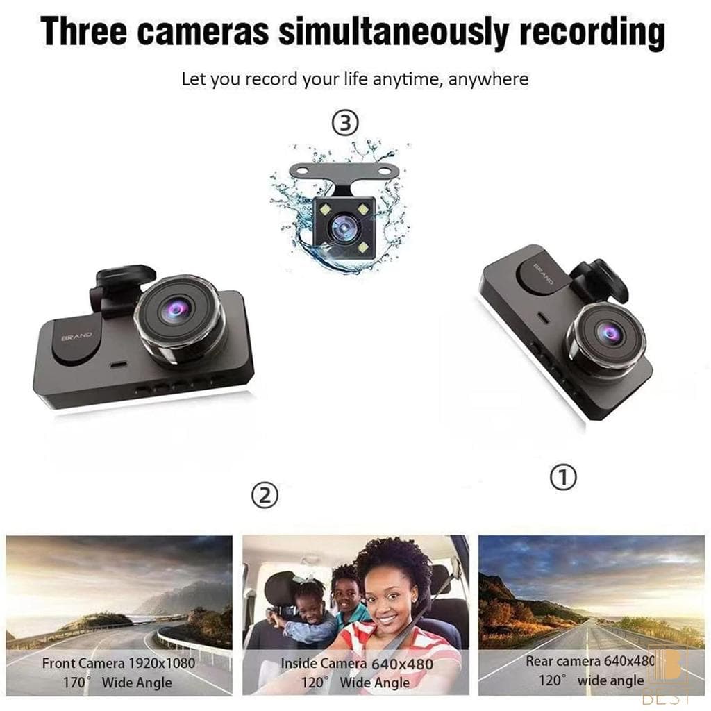 Gravador De Condução De Carro Com 3 Lentes/2 , Monitor De Estacionamento , Gravação De Detecção De Movimento Para Uso Em