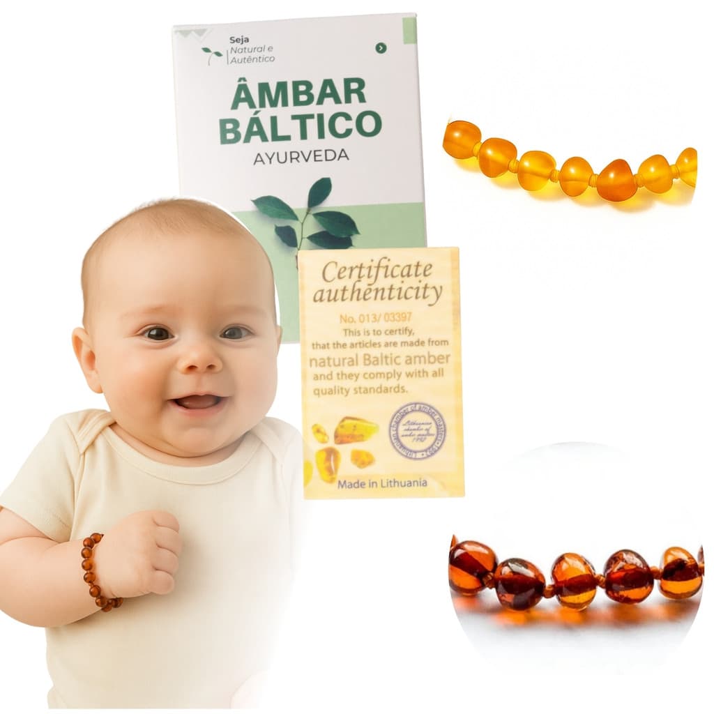 Pulseira Tornozeleira de Ambar Infantil 14cm P/ Bebe Nenem Bracelete de Pedras Naturais Com Certificado e Bolsinha Juta