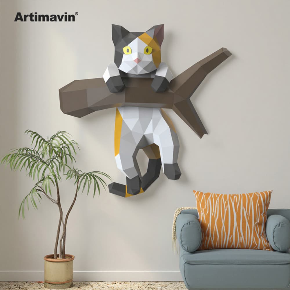 MOMO Molde de papel tridimensional Gato na árvore Decoração de parede interna Papel tridimensional Artesanato Pendurado 