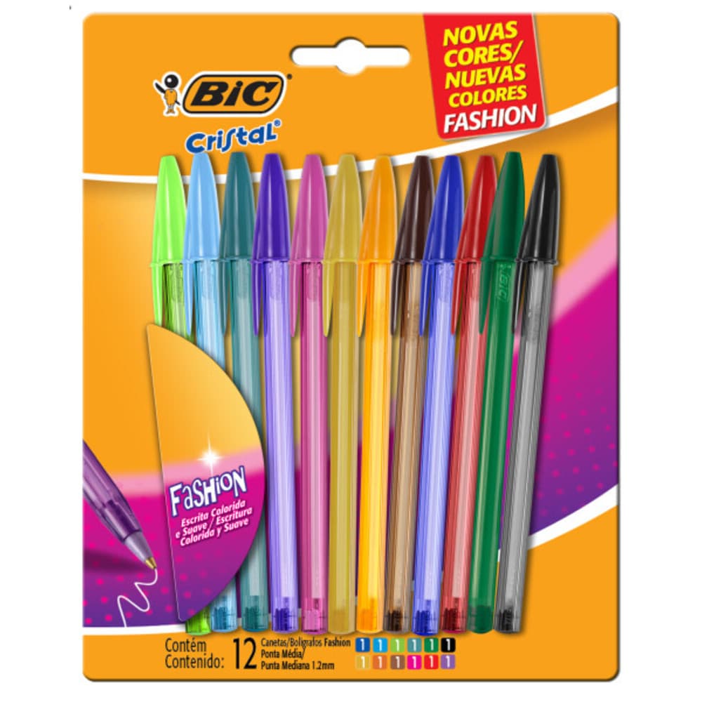 Kit Caneta Esferográfic BIC Ponta Média Cristal Fashion, 12 Cores - 970910