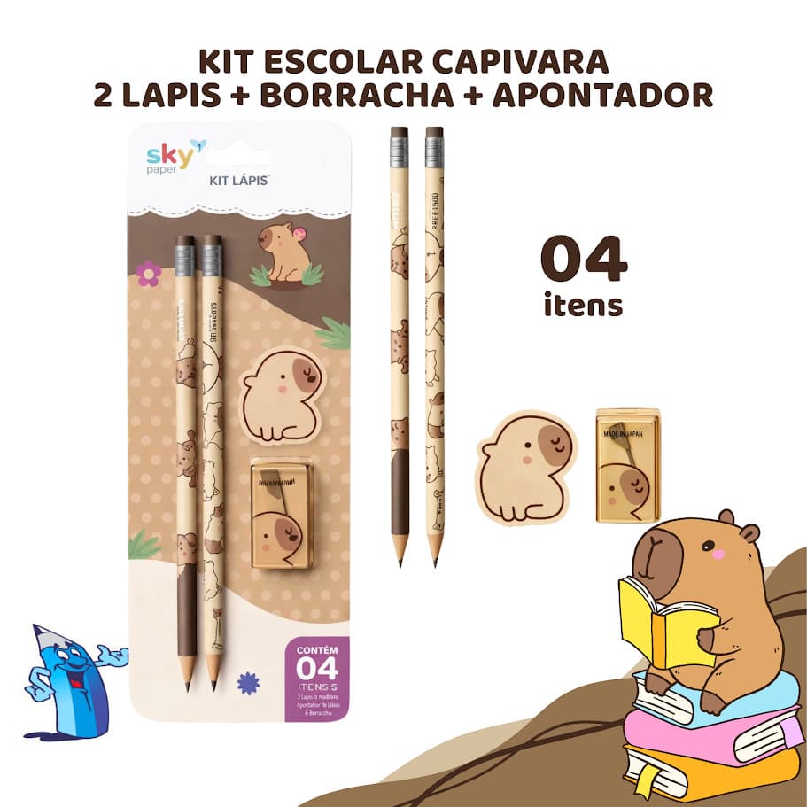 KIT ESCOLAR CAPIVARA 2 LÁPIS + BORRACHA + APONTADOR SKYPAPER