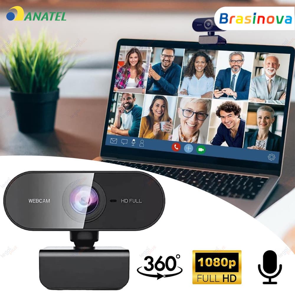 Webcam Full HD 1080p com Microfone Embutido Rotação 360° Ajuste Livre para PC Notebook Home Office