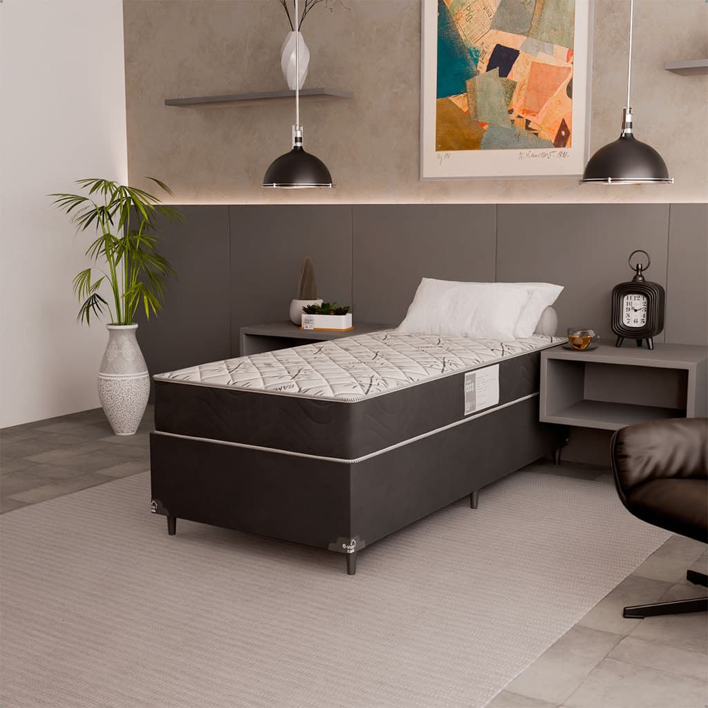 Cama Box Solteiro + Colchão D33 One Face - Suede Preto