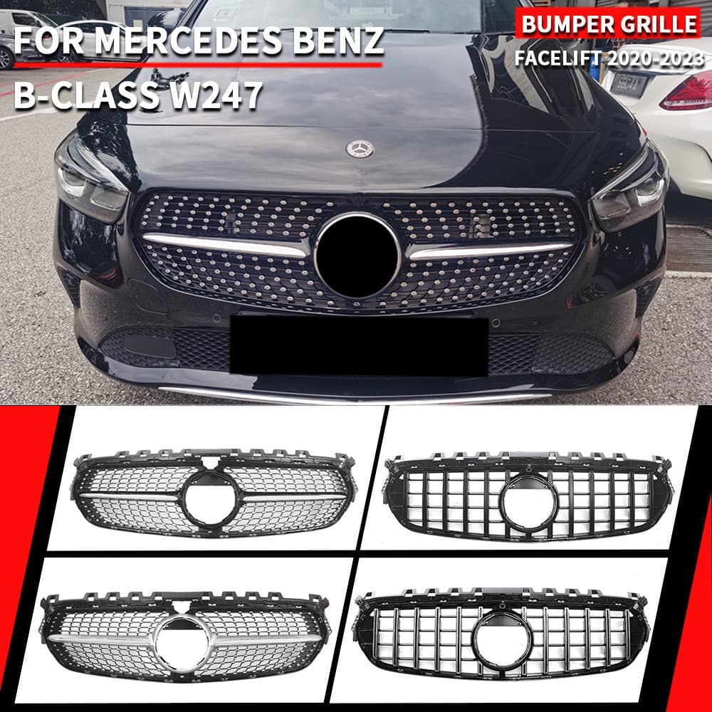 Para Mercedes Benz B-Class W247 2020-2023 B200 Cromo Prata Diamantes Estilo Grade Preto Brilhante GTR De-Choque Dianteir