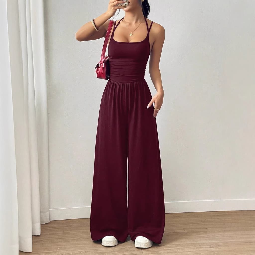 Europeu americano estilo de venda quente suspensórios feminino Casual envoltório peito macacão verão perna larga solta