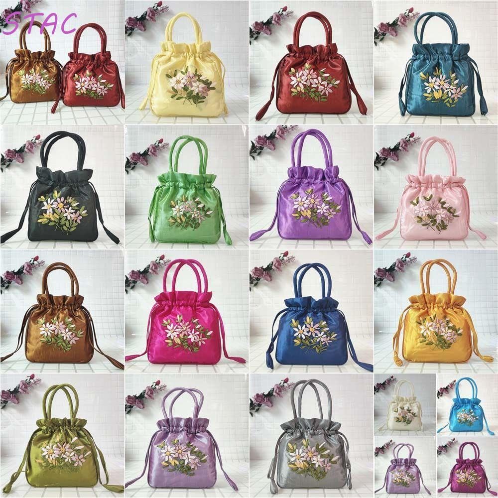 Bolsa Com Cordão STAC Hanfu , Para Mamãe De Flor Bordada De Seda Acetinada , Carteira Pequena De Folha Coreana