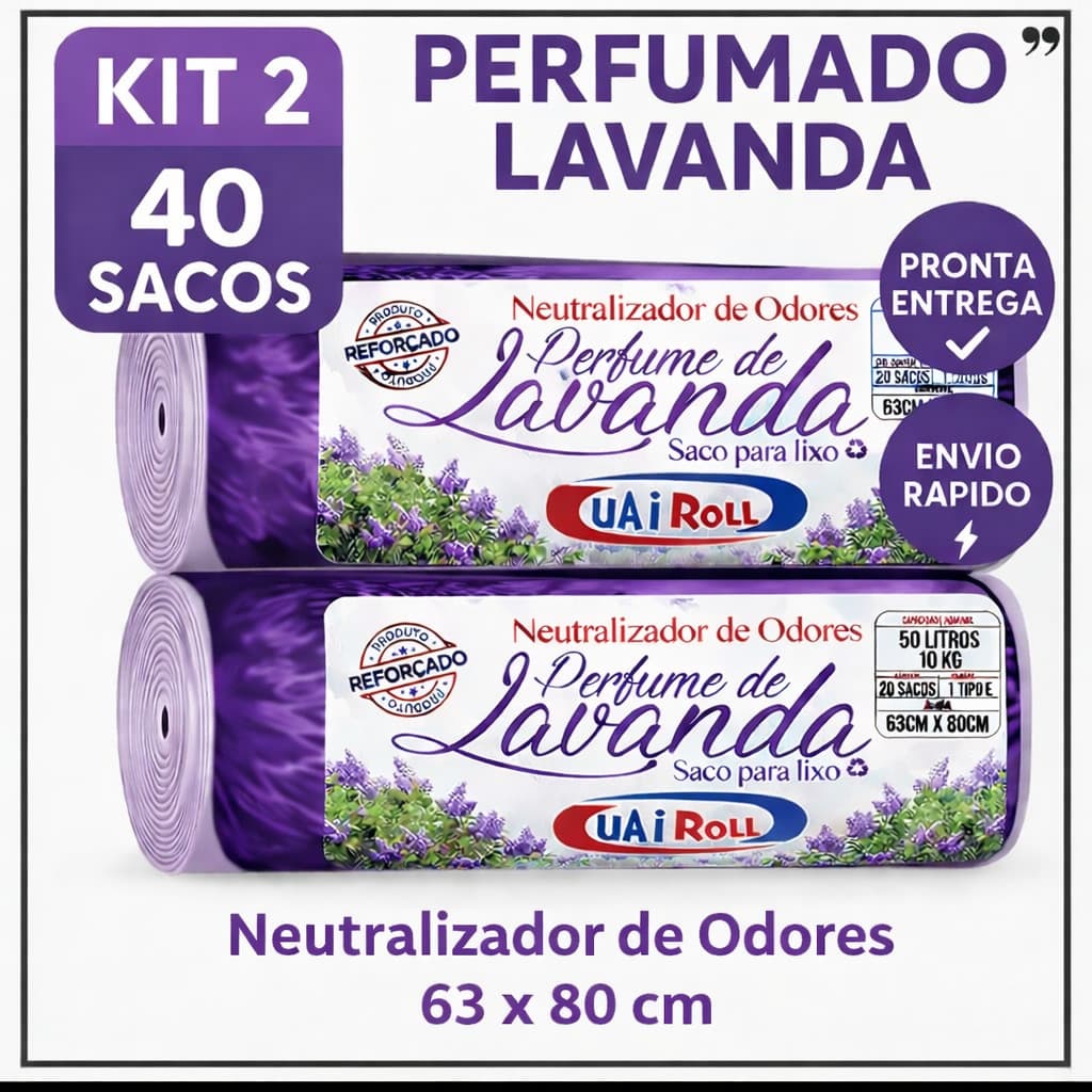 Saco De Lixo Kit 2 Rolls 40 Unidades 50 Litros Tira Odor Perfumado Com Cheiro de Lavanda Econômico