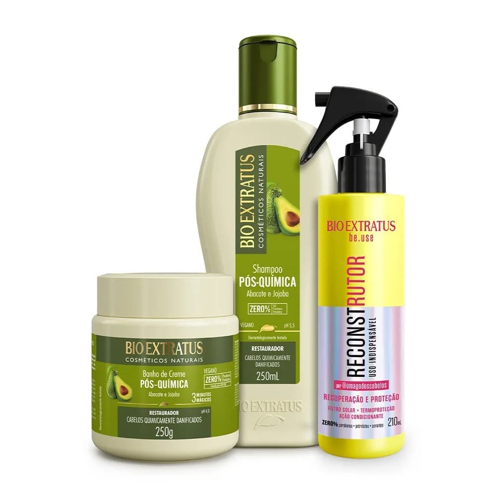 Kit Shampoo e Banho de Creme Pós Química 250mL e  Reconstrutor Uso Indispensável 210mL Bio Extratus