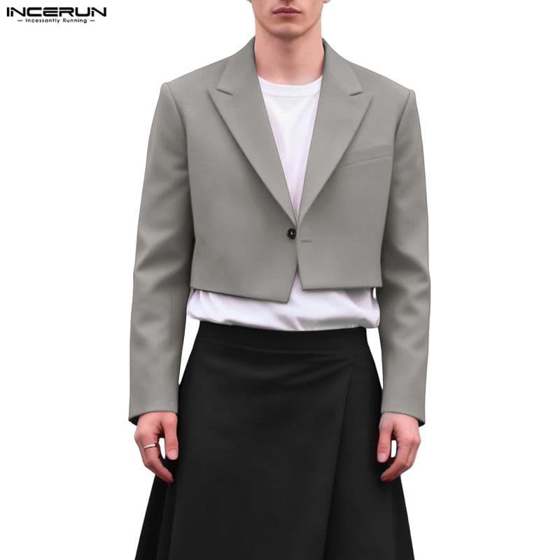 INCERUN Masculino Vintage Business Fashion Turn-Down-Collar Manga Comprida Botão Up Blazer Casual Cropped