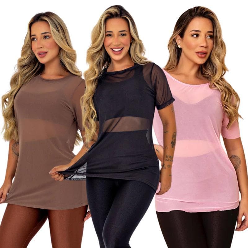 Kit 2 Blusinhas Blogueira Feminina Transparente Tule Manga Curta Camiseta Treino Fitness Musculação