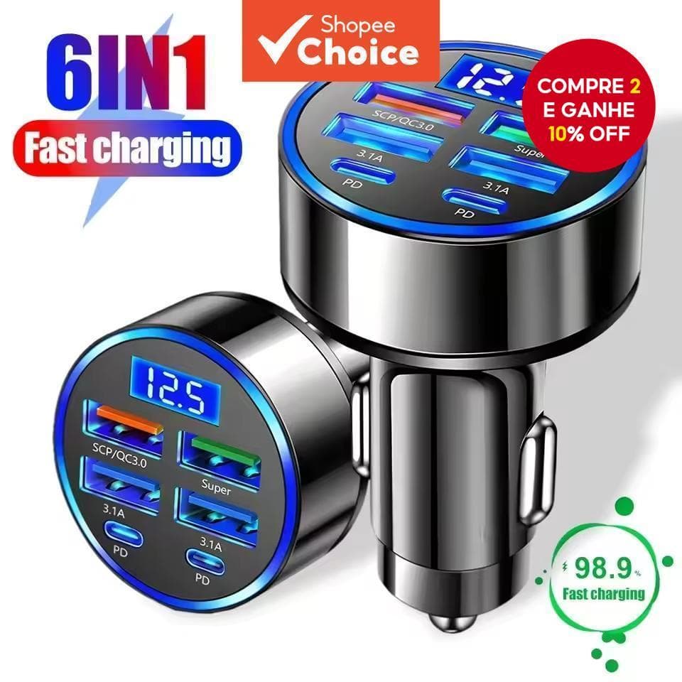  Carregador de Carro Retrátil 6 em 1 de Carregamento Rápido, Carregador de Carro USB Tipo C de Carga Rápida, Adaptador