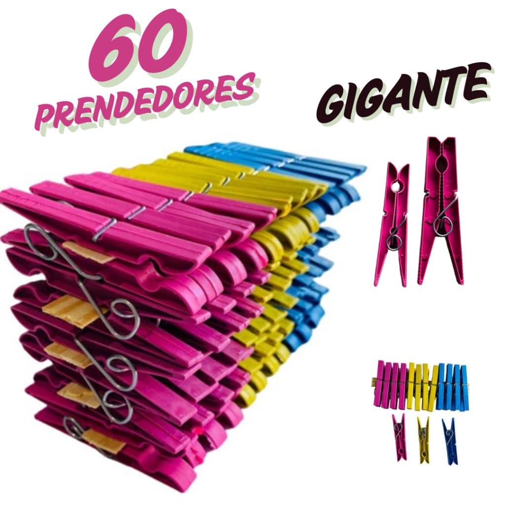 Kit com 60 / 48 / 36 / 24 / 12 Pregadores de Roupas em Plástico GIGANTE Reforçados - Cores Sortidas