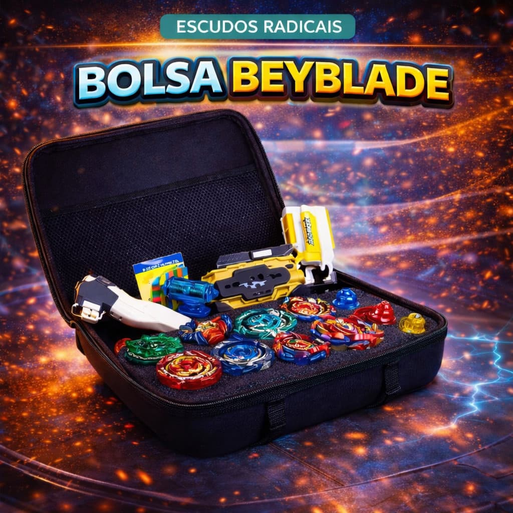 Beyblade Maleta Kit Com 8 Beyblade + Lançador Dupla Rotação + Adesivos