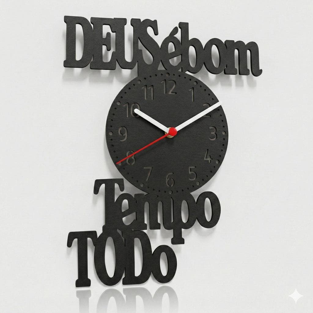 Relógio Decorativo em MDF Preto Premium Tema Deus é Bom o Tempo Todo com Pilha - 21x26cm