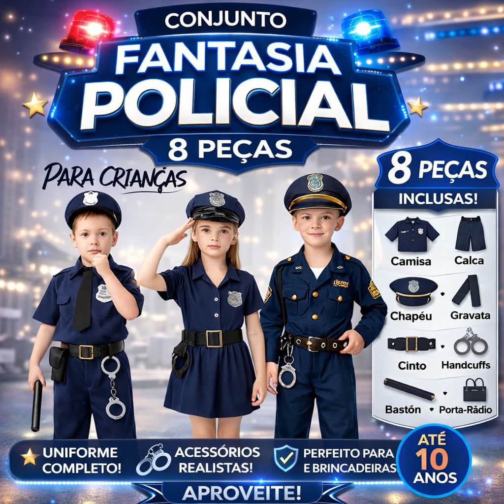 Conjunto Fantasia Policial 8 Peças Crianças Uniforme Fantasia Cosplay Até 10 anos