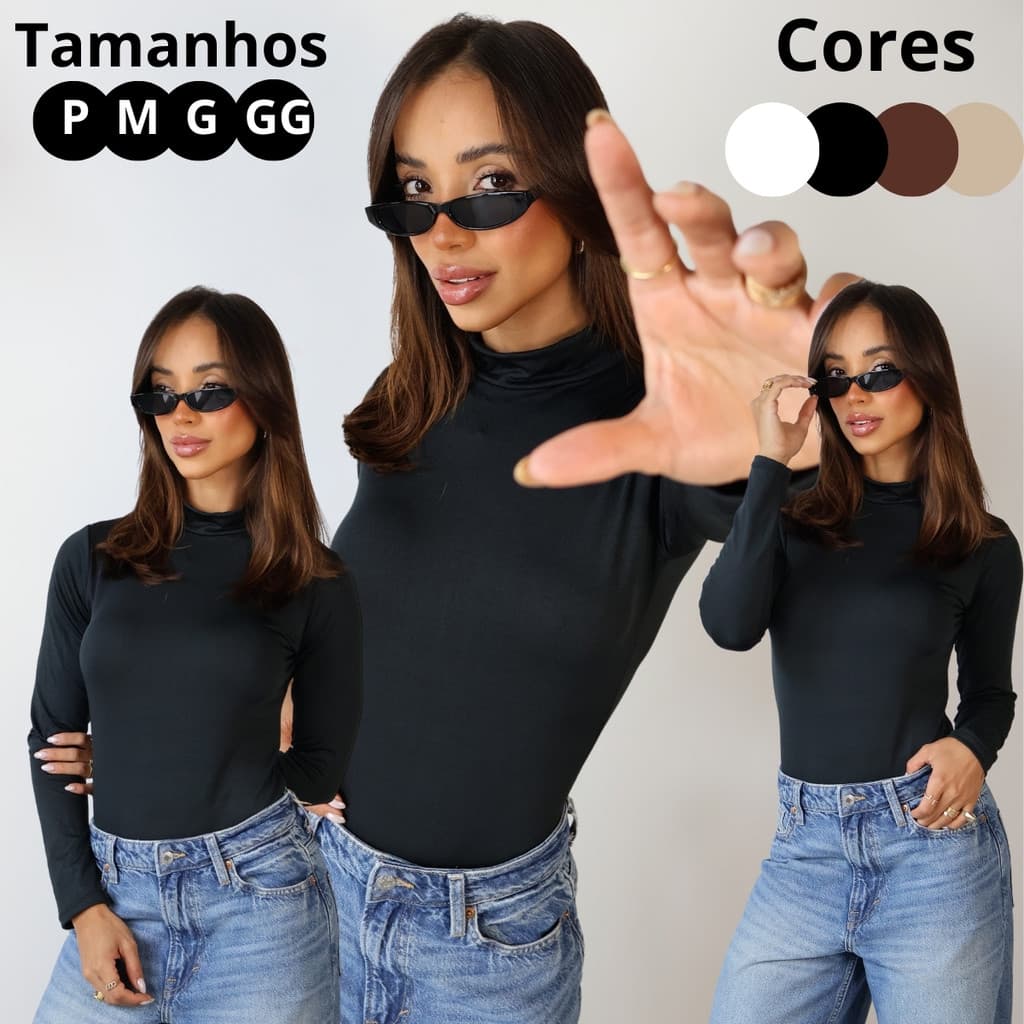 Body Feminino Cacharrel Manga Longa Gola Alta Suplex Premium Segunda Pele Inverno Elegante