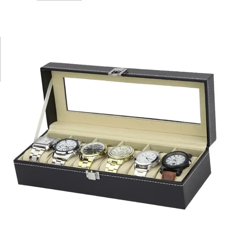 PU Leather Watch Storage Box, Estojo Organizador Display Case, Suporte, Organizador, Caixa de Jóias, 6 Slots