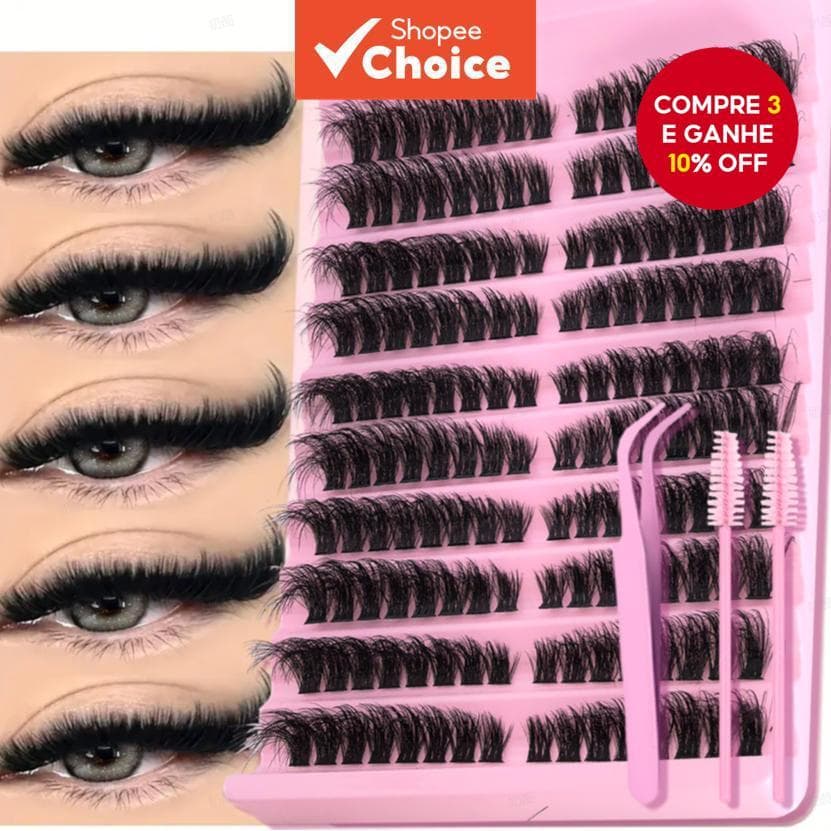  Conjunto de Cílios Postiços Longos Híbridos: Tipo D-Volume, 8-16mm, Natural e Fofinho, Reutilizável
