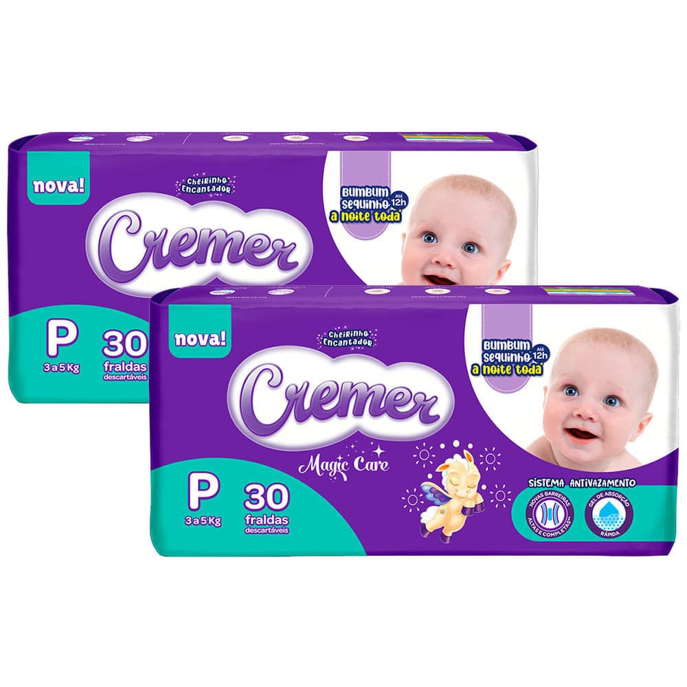 Kit 2 Fralda Cremer Magic Care Tamanho P Pacote Jumbo 30 Unidades Descartáveis