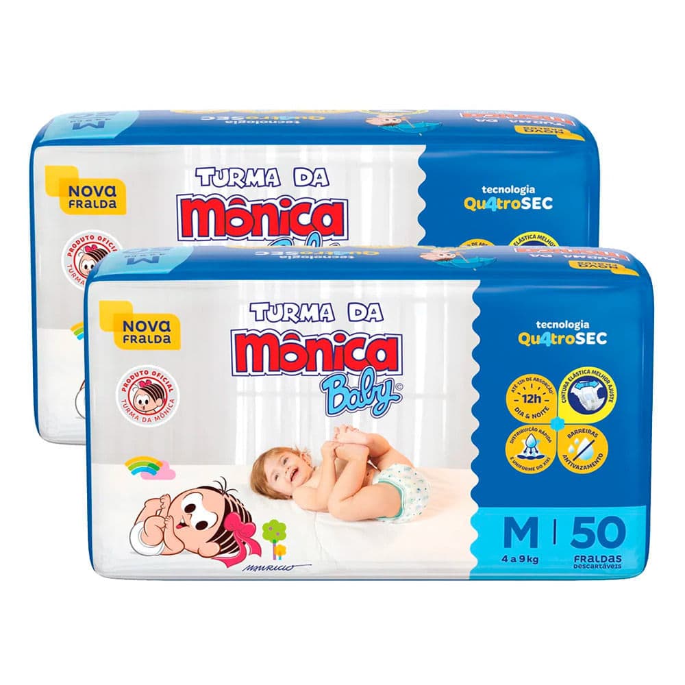 Kit 2 Fralda Infantil Turma da Mônica Baby Mega Tamanho M 50 Fraldas Descartáveis