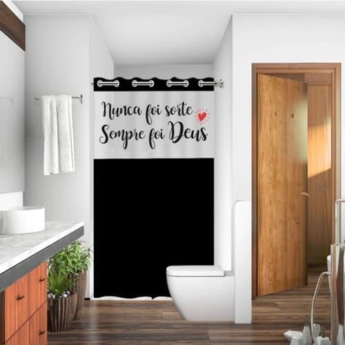 Cortina Box Banheiro Estampada Frase Em Pvc Com Ilhos Decoração