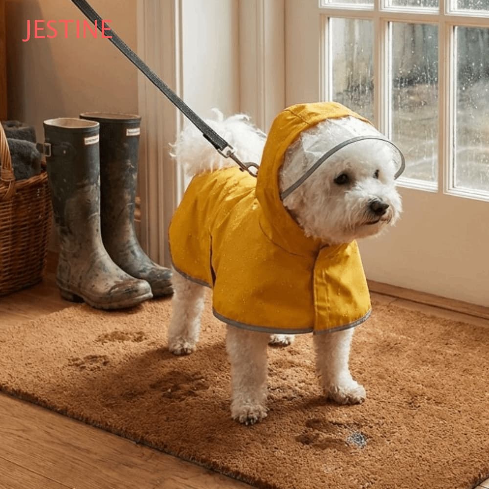 JESTINE Capa De Chuva Com Capuz Para Cachorro , Impermeável Resistente À Sujeira Furo Trela , Macacão Listras Reflexivas