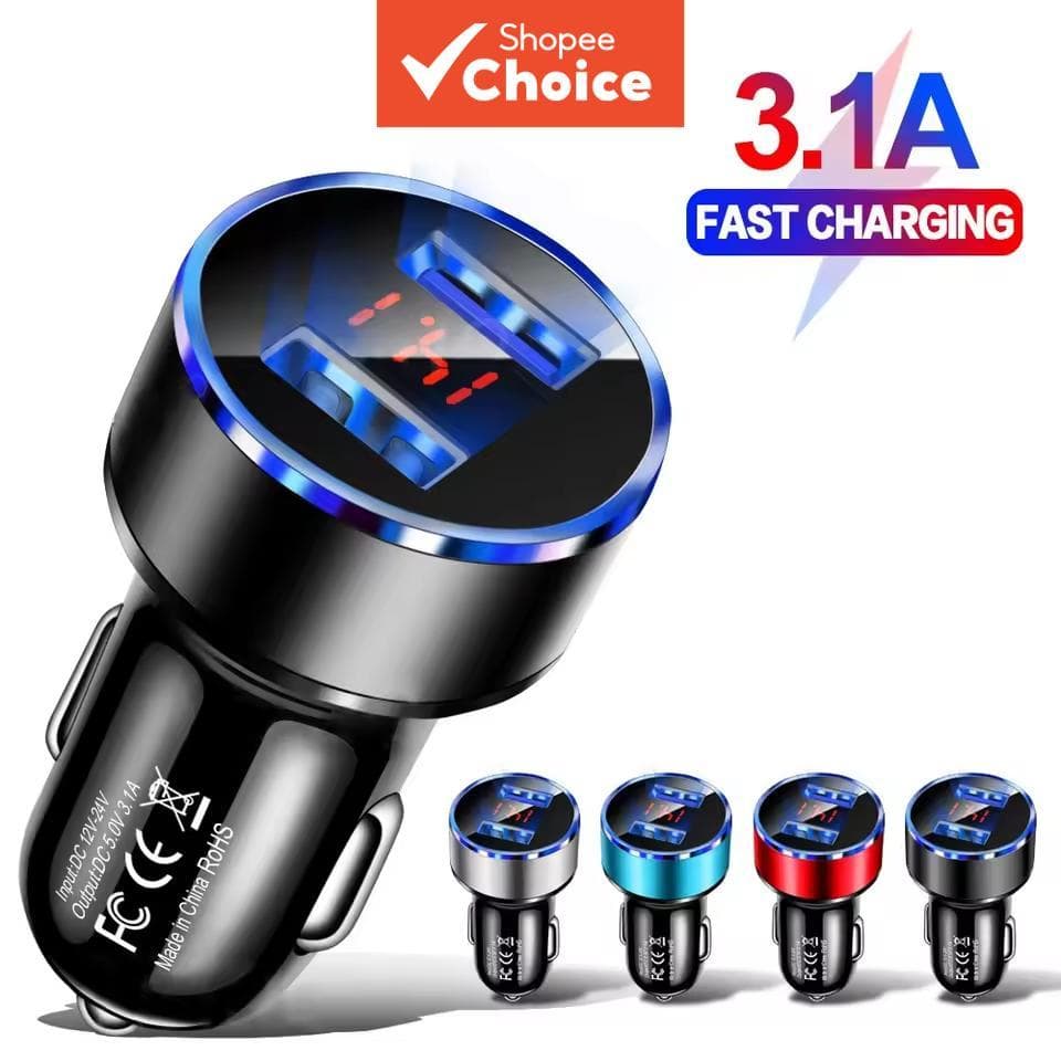  Carregador Veicular 2 Portas com Adaptador de Carregamento Rápido para iPhone, Samsung, Xiaomi - Display Digital