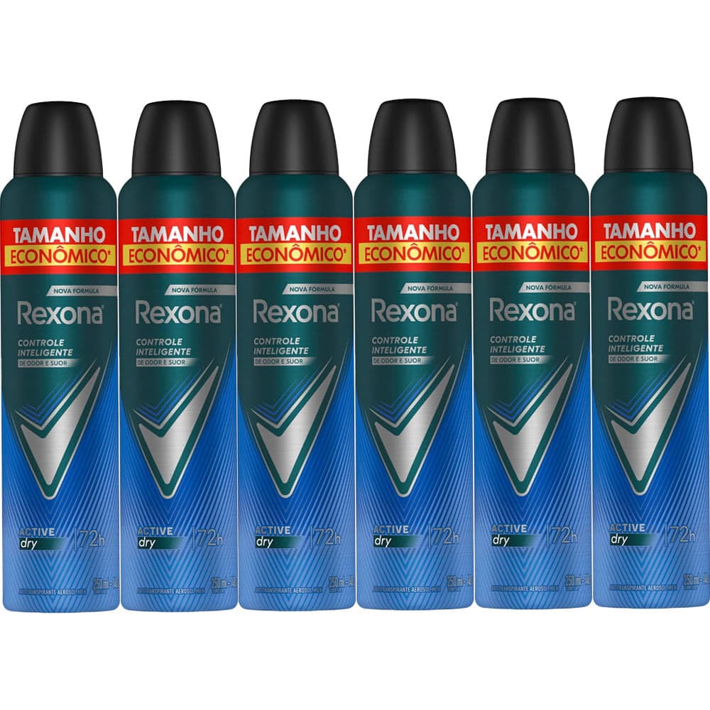 Kit Desodorante Antitranspirante Aerosol Rexona Active Dry 72 horas 250ml - 6 Unidades