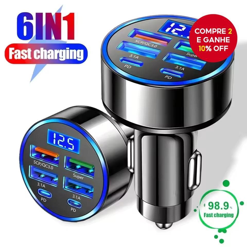  Carregador de carro USB C Tipo C com 6 portas, carregamento super rápido, detecção de voltagem, display digital,