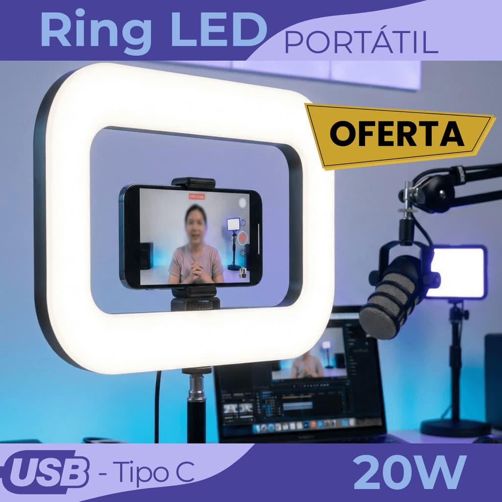 Ring Light Led 20W Portatil Bateria Para Celular Led Luz 3 Cores Iluminacao Video Foto