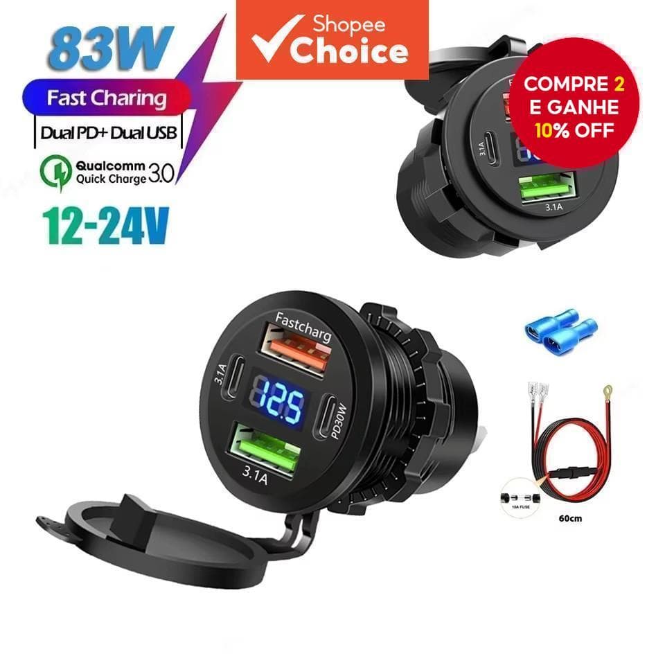 USB 83W PD Tipo C Carregador De Carro Tomada Dupla Duplo Adaptador De Carregamento Rápido Com Voltímetro LED À Prova Dwa