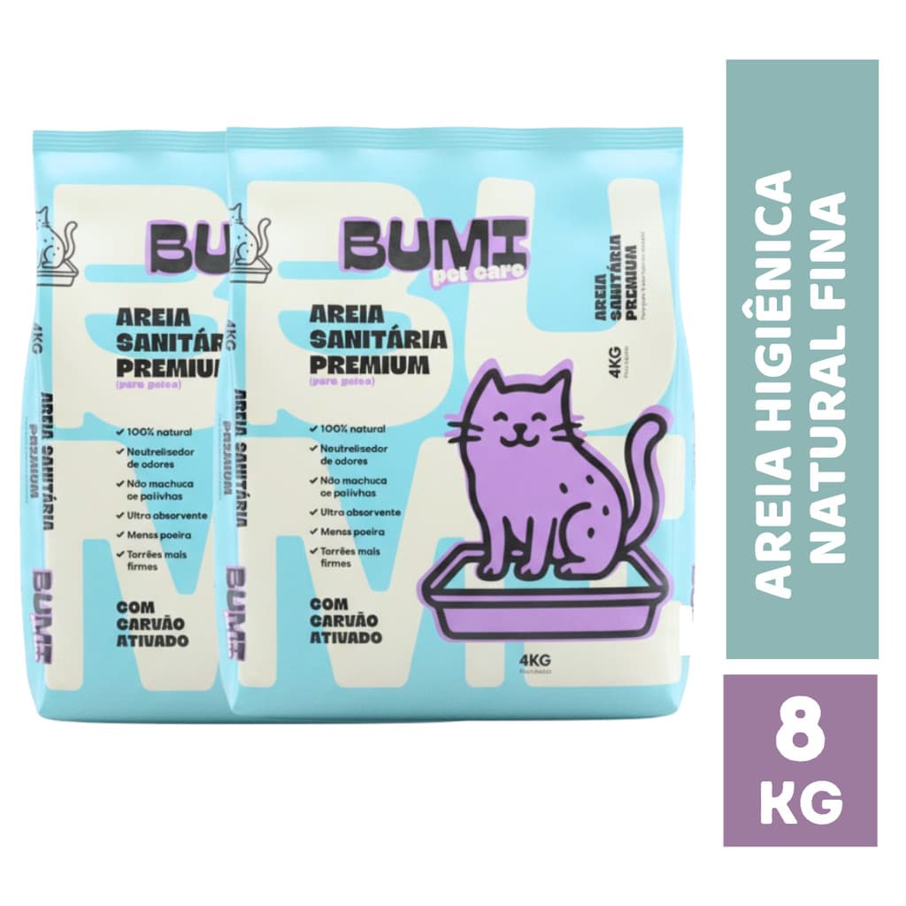 Kit com 2 Areia de Gato Biodegradável com Carvão Ativado 8kg Bumi Pet Care