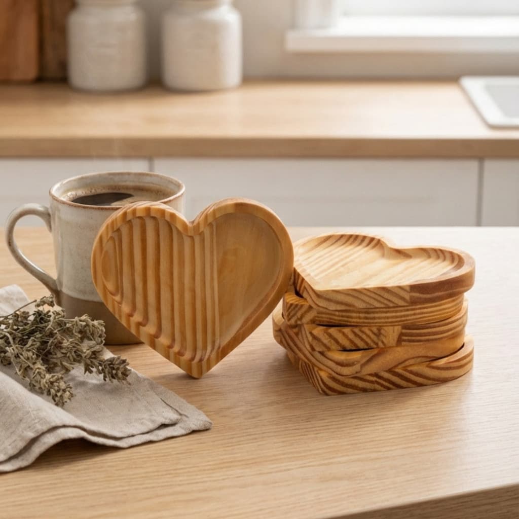 Kit Pires Coração 14 cm Porta Xícara Mesa Posta Copo De Madeira Grande