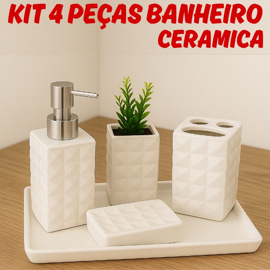Kit Banheiro 4 Peças Saboneteira Ceramica Porta Sabonete Líquido Textura Diamante Porta Escova Dente