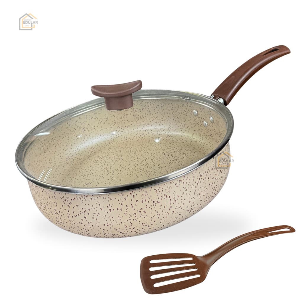 Frigideira Alta Grande 24 cm 6 Camadas Antiderente TEFLON Tampa de Vidro e Espátula Cor Vanilla Bege